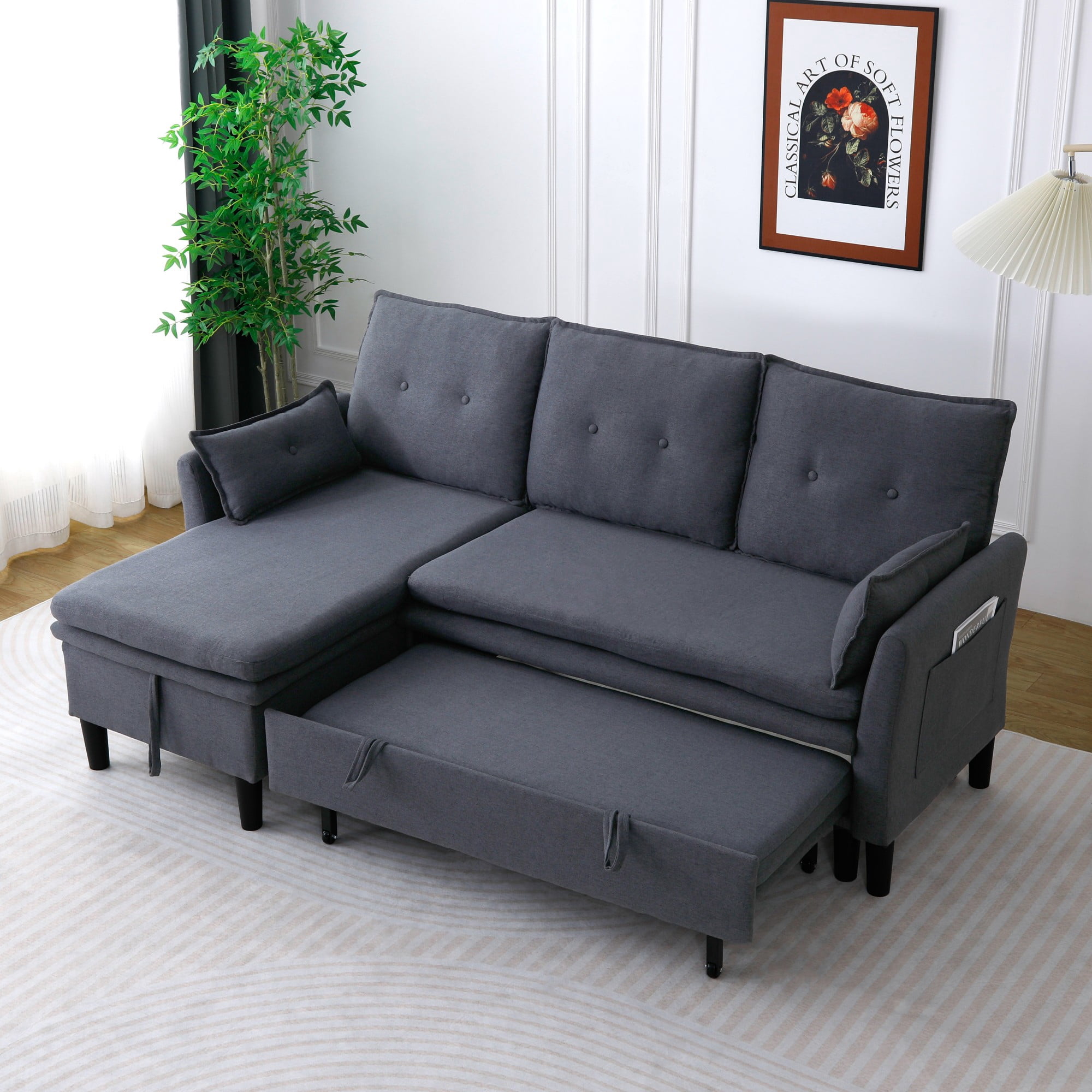 Convertible Sofa Bed,L-Shaped Sectional Sleeper Sofa with Storage Chaise,Cotton Linen Pull Out Sleeper Couch for Small Living Room,Apartment,DARK GREY