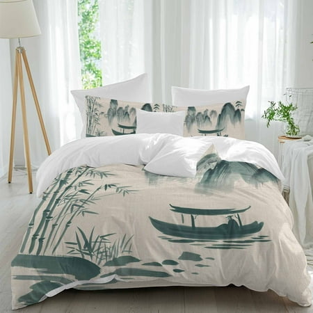 Ink Landscape Queen Size Comforter Set, Watercolor Chinese Style Mountain Ship Bedding for All Seasons, 4 Pcs Bed Set, 1Quiltcover (90"x92") ,1Sheet(94"x116"), 2Pillowcases (30"x20")