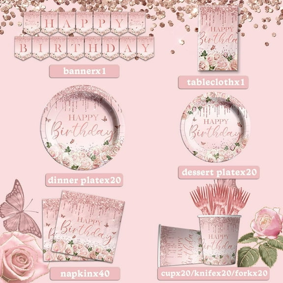 SHILIU-142Pcs Pink Rose Gold Birthday Party Supplies - Pink Birthday Party Tableware Disposable Dinner Plate,Tablecloth Rose Gold Theme Birthday Party Decoration for 50th 60th 70th 80th Women or Girl