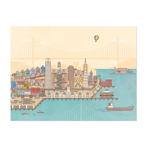 San Francisco, City by the Bay - San Francisco California Illustration Cityscape Skyline Travel Poster Bridge Hot Air Balloon Port Unframed Wall Art Print 5 x 7 inches