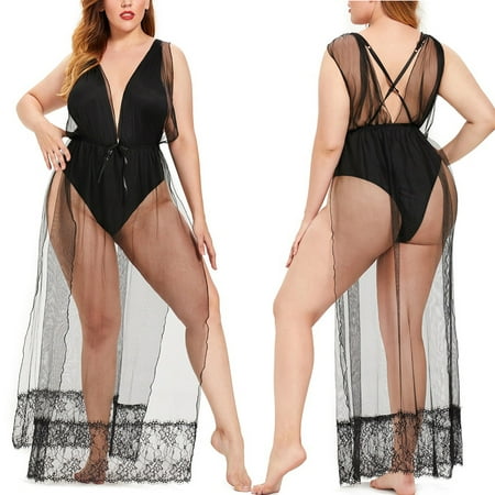 

Hesxuno Ladies Lace Plus Size Pajamas Sexy Lace Bow See-Through Seductive Nightdress