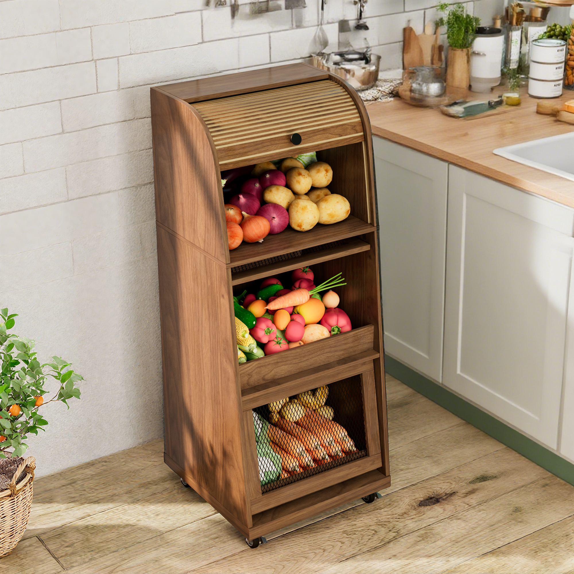 Onion and Potato Storage Bin Box, Movable Potato Bins with Sliding Door, Farmhouse Kitchen Pantry Cabinet