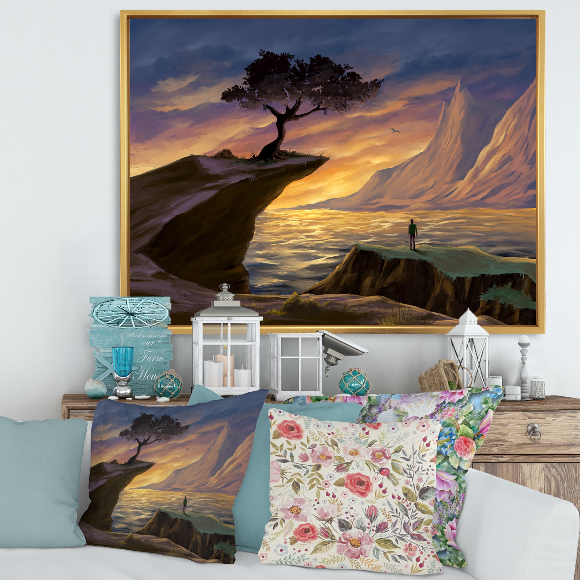 Designart 'Tree On A Sea Cliff At Evening Light' Lake House Framed Canvas Wall Art Print