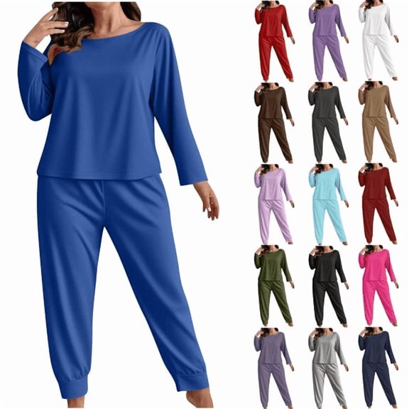 Hjlmsx Women's Plus Size Pajamas Sets Solid Color Crew Neck Long Sleeve Tops Cuffed Jogger Pants Casual Home Wear 2 Piece Pjs Sleepwear Loungewear
