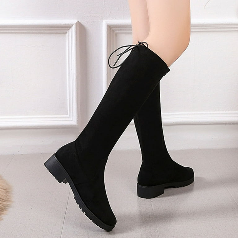 Fitoron Knee High Boots for Women 2023 Trendy Gogo Boots Fall Winter Suede Chunky Zipper Platform Round Toe Shoes Christmas Gift Black 6.5