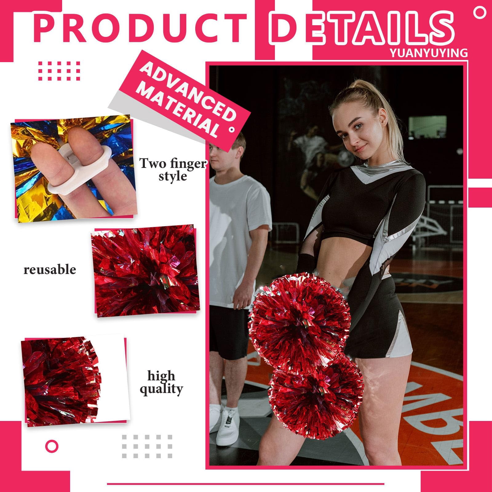 Cheerleading Pom Poms 22 Pcs with Finger Holes, Cheer Pom Poms for Dance and Sports Events, Cheerleading Poms for Team Spirit and Festivals, Matches