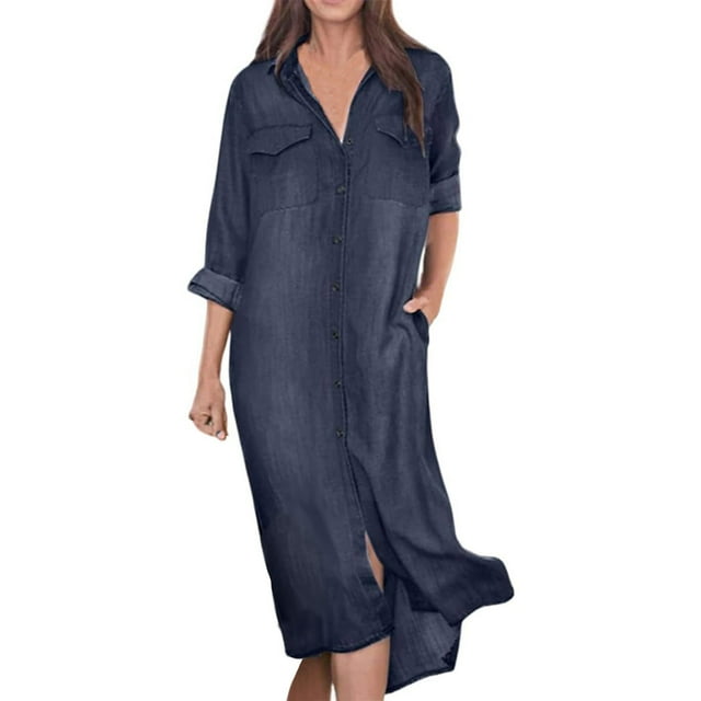 AherBiu Robe en Jean Grande Taille pour Femmes, Boutonnée, Col à Revers, Col en V, Manches Longues, Chemise en Denim, Robe Maxi