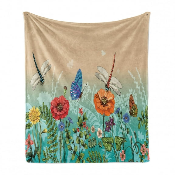Spring Soft Flannel Fleece Throw Blanket, Flourishing Nature Illustration with Butterflies and Dragonflies Colorful Pattern, Cozy Plush for Indoor and Outdoor Use, 70" x 90", Multicolor, by Ambesonne