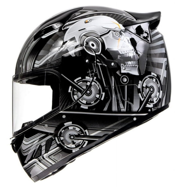 cyborg style ls2 helmet KOI DOT Motorcycle Helmet Full Face KOI Cyborg Skull Gloss Grey w/ Clear  Visor