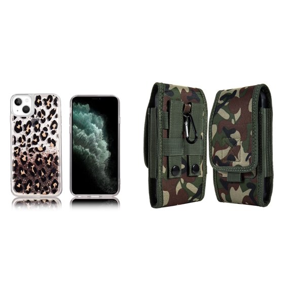 Liquid Glitter Case for iPhone 14 and Belt Holster Pouch (Leopard/Jungle)