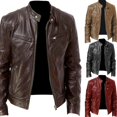 thumbnail image 2 of Chaqueta de cuero sintético con bolsillo decorativo y cremallera cálida para caballero de invierno, chaqueta de cuero de corte entallado y cuello vertical, 2 of 6