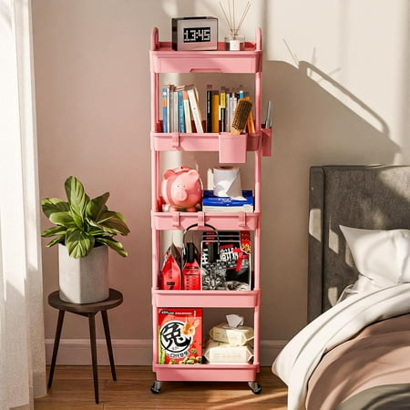 YUYAN-5 Tier Rolling Cart Organizer Bathroom Cart Organizers with Wheels Laundry Room Organization Mobile Shelving Unit Utility Cart Storage Shelves Multi-Functional for Office Home(Pink)