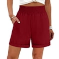 thumbnail image 2 of TAGOLD Womens Shorts Linen Like Solid Color Shirred Elastic Waist 3 Inch Length Shorts With Pockets, 2 of 5