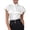 #0412-White, variant on Uootdi Work Tops for Women Stand Collar Flutter Short Sleeve Button Front Plain Satin Womens Shirts Straight Fit Business Casual Silky Summer Blouses for Women