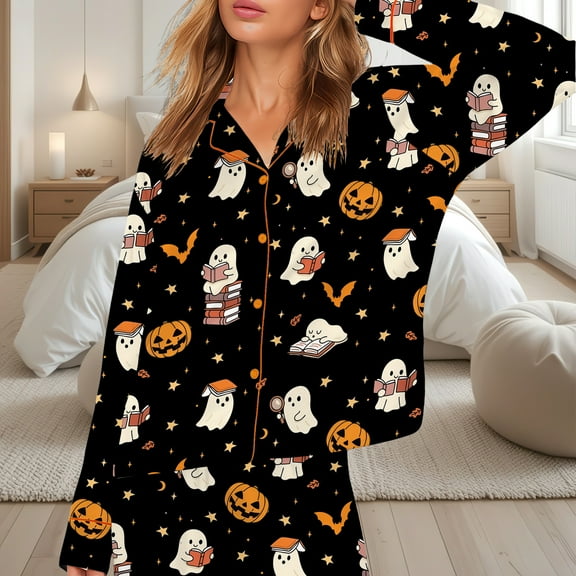 Halloween Silky Satin Pajama Set for Women, Cute Ghost Reading Book and Pumpkin Print PJs, Book Lover Long Sleeve Button Down Sleepwear, Spooky Bookish Gift Large