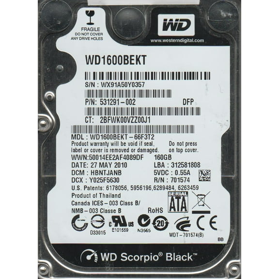 WD1600BEKT-66F3T2, DCM HBNTJANB, Western Digital 160GB SATA 2.5 Hard Drive