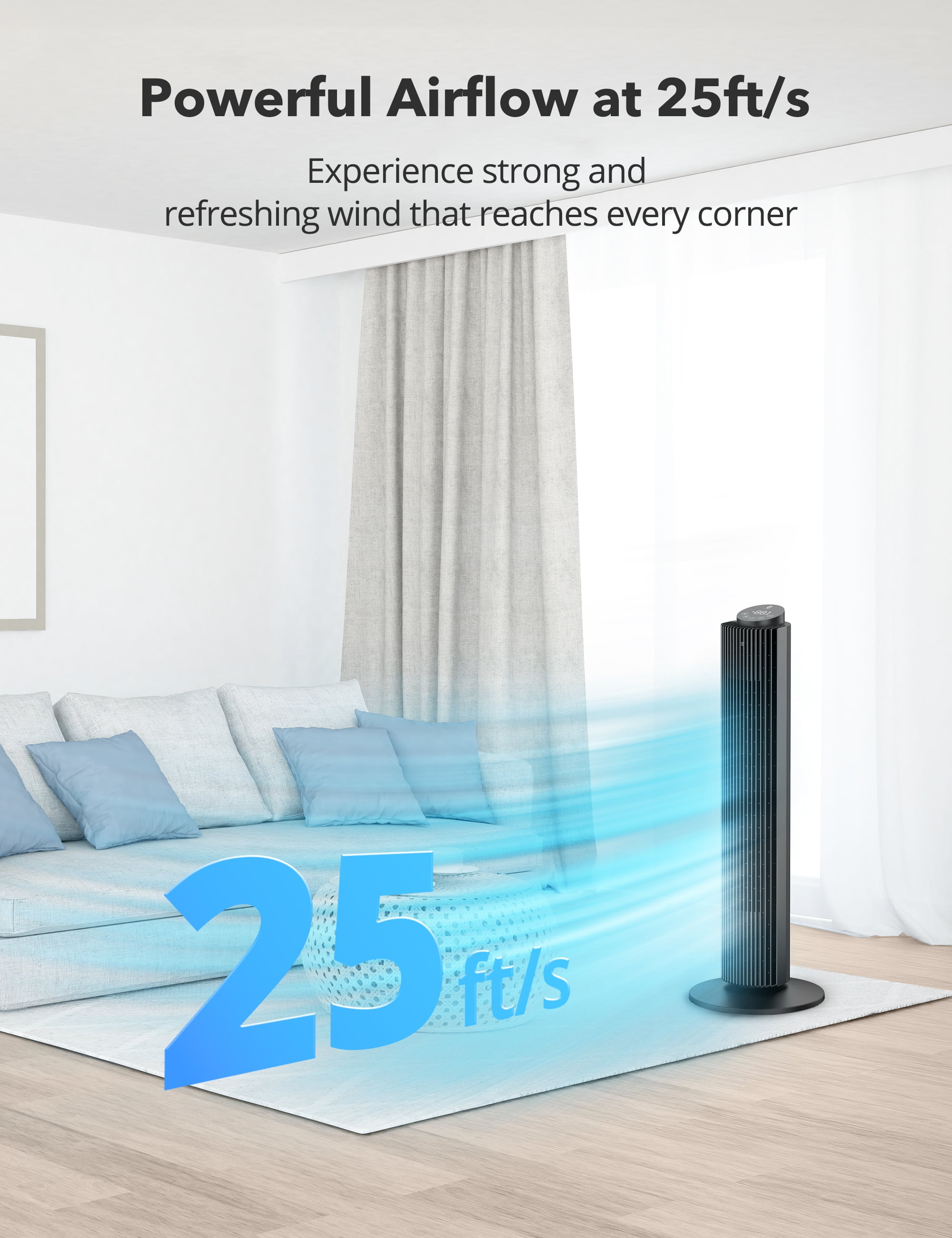 TaoTronics Tower Fan, 42'' 90° Oscillating Quiet Standing Bladeless Fans with Remote, 25 ft/s Velocity, Height Adjustable, 5 Speeds 3 Modes, 12H Timer, Floor Fans for Bedroom, Home, Room