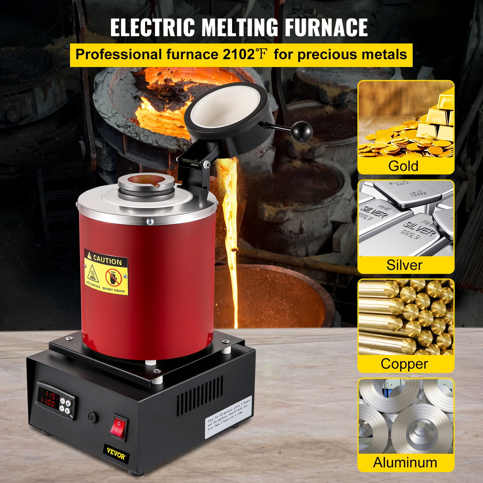 VEVOR Gold Melting Furnace, Electric Digital Furnace Machine 110v with Graphite Crucible 3kg and Ingot Mold, 1150℃ /2102 ℉ for Processing of Melting Gold, Silver, Copper Sansujyuku sansujyuku.com