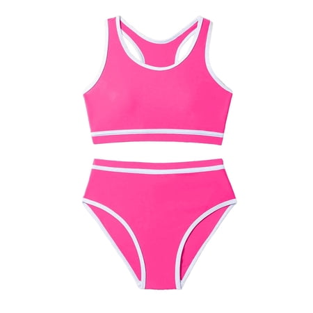 Mrzhqd Two Pieces Swimsuit For Girls Solid Color Lightweight Casual Crew Neck Sleeveless Pink Bikini Top Bottom Summer Swimming Pool Girls Bathing Suit Size 8-9 Years