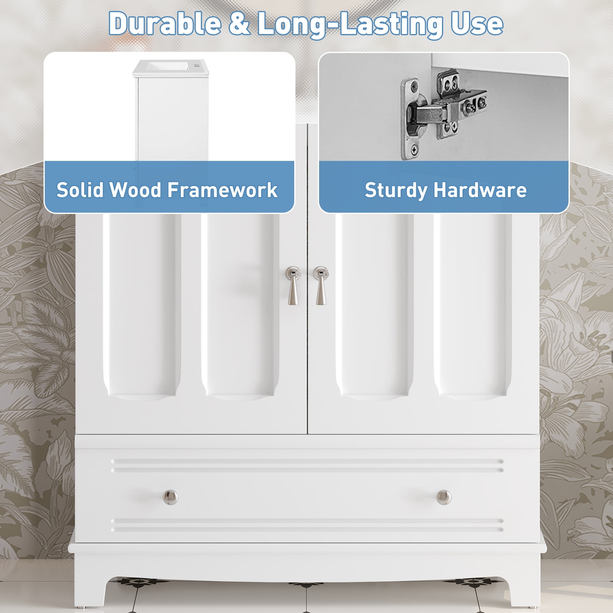 Euroco 30" Bathroom Vanity with Ceramic Sink, Solid Wood Frame Bathroom Sink Cabinet with Adjustable Shelf, Drawer with Divider, Solid Wood Feet