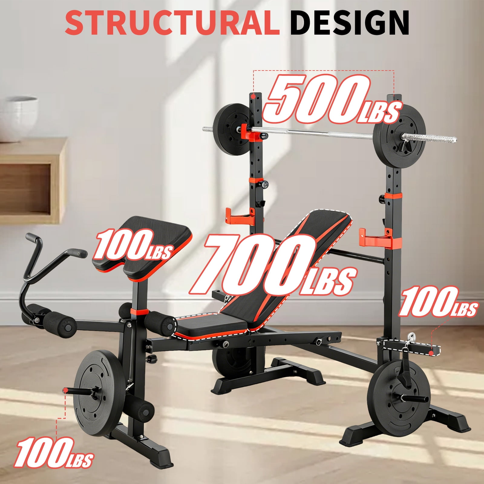 1500LBS 6 in 1 Olympic Weight Bench Set with  Leg Extension and Squat Rack, Adjustable Bench Press Set for Home Gym Full Body Strength Training