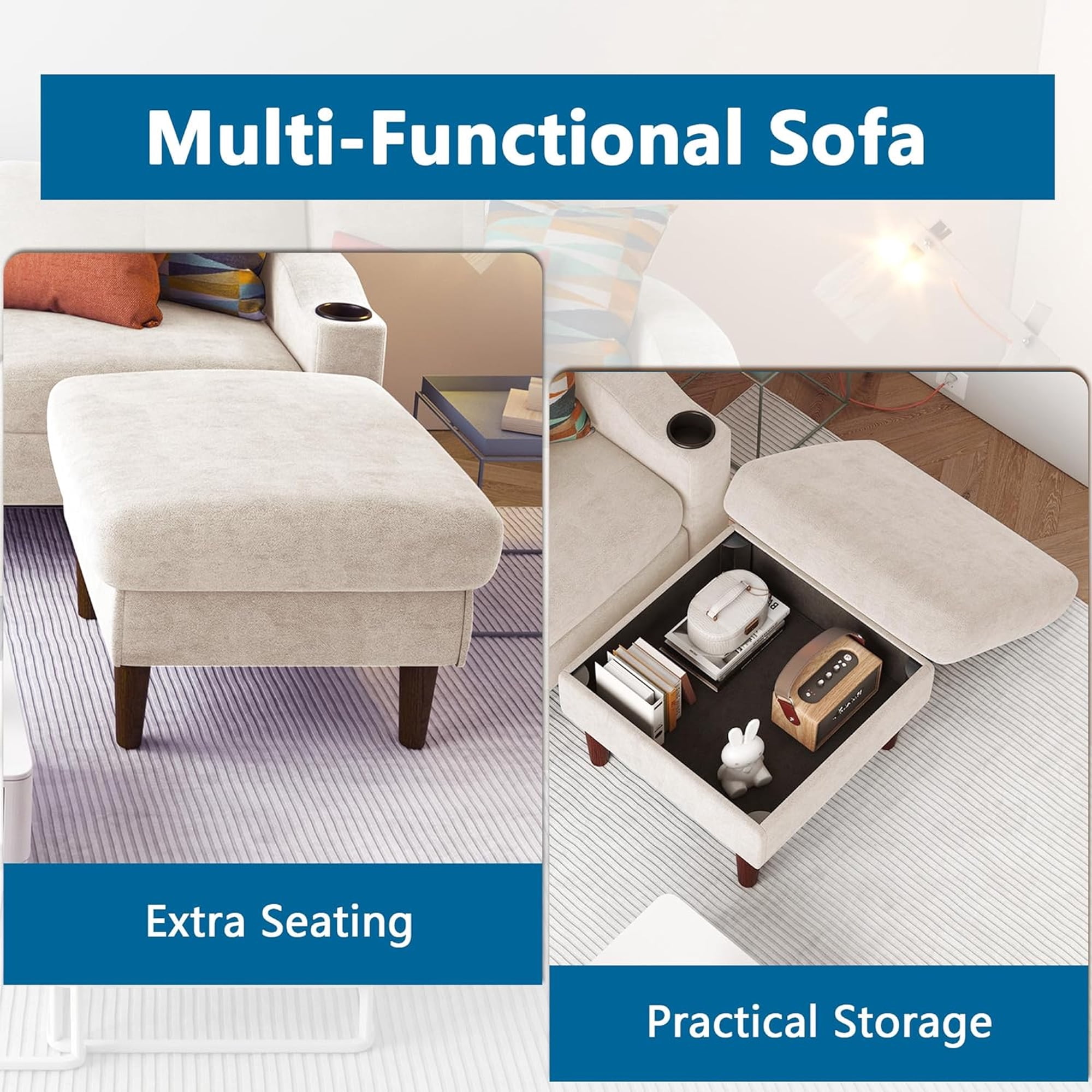 Aukfa L Shaped Sectional Sofa with USB Ports and Cup Holders, 78" 3 Seater Couch with Storage Ottoman, Beige
