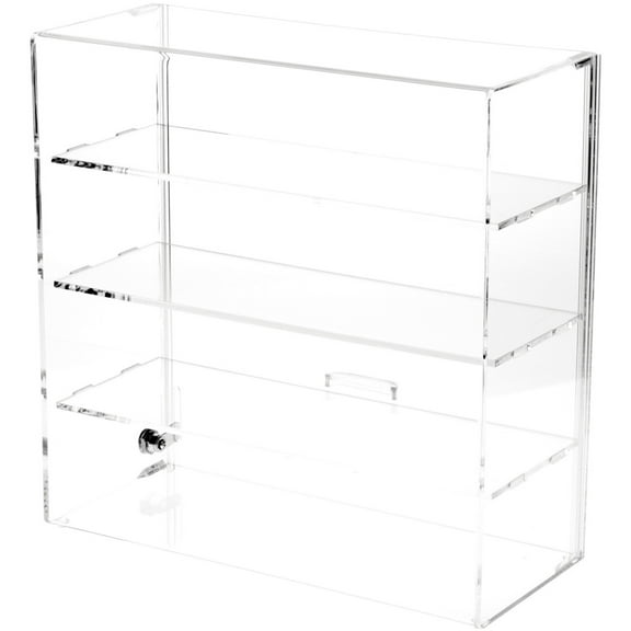 Plymor Clear Acrylic Locking Display Case with Sliding Back, 3 Shelves, 16.5" H x 16.25" W x 7" D