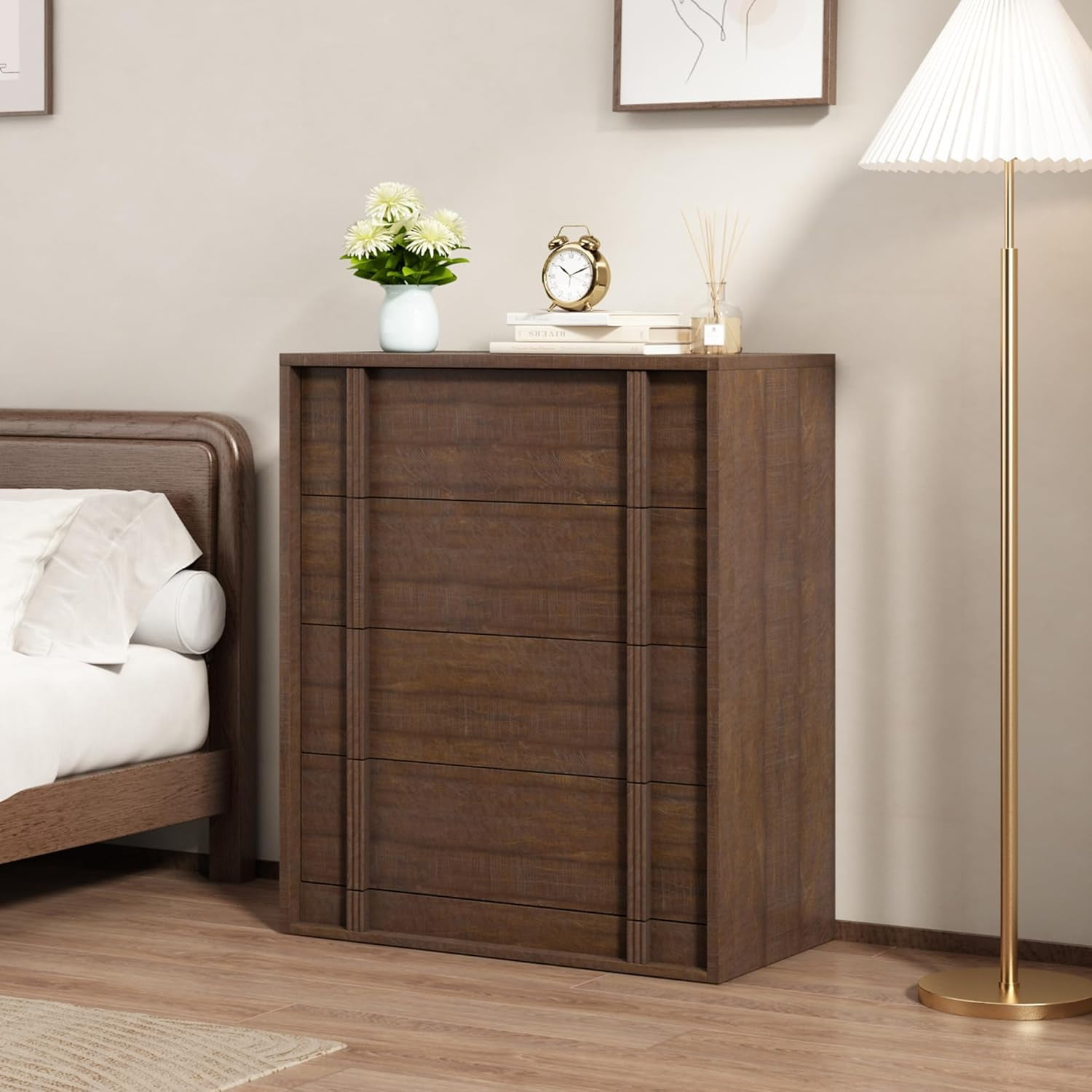 TENSAKEE Modern Vertical Handle Bedside Table 4 Drawers Wooden Bedside Cabinet Compact Storage for Bedroom Living Room Entryway Dorm