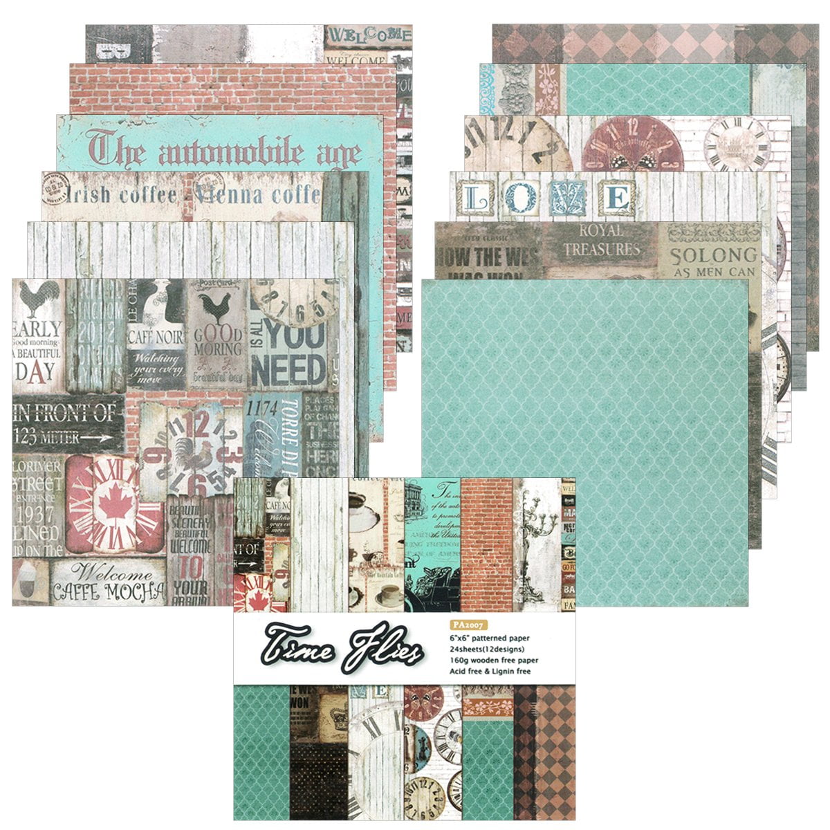 Wrapables 6x6 Decorative Single-Sided Scrapbook Paper for Arts & Crafts Projects, Scrapbooking, Card-Making, Coffee & Clocks Theme