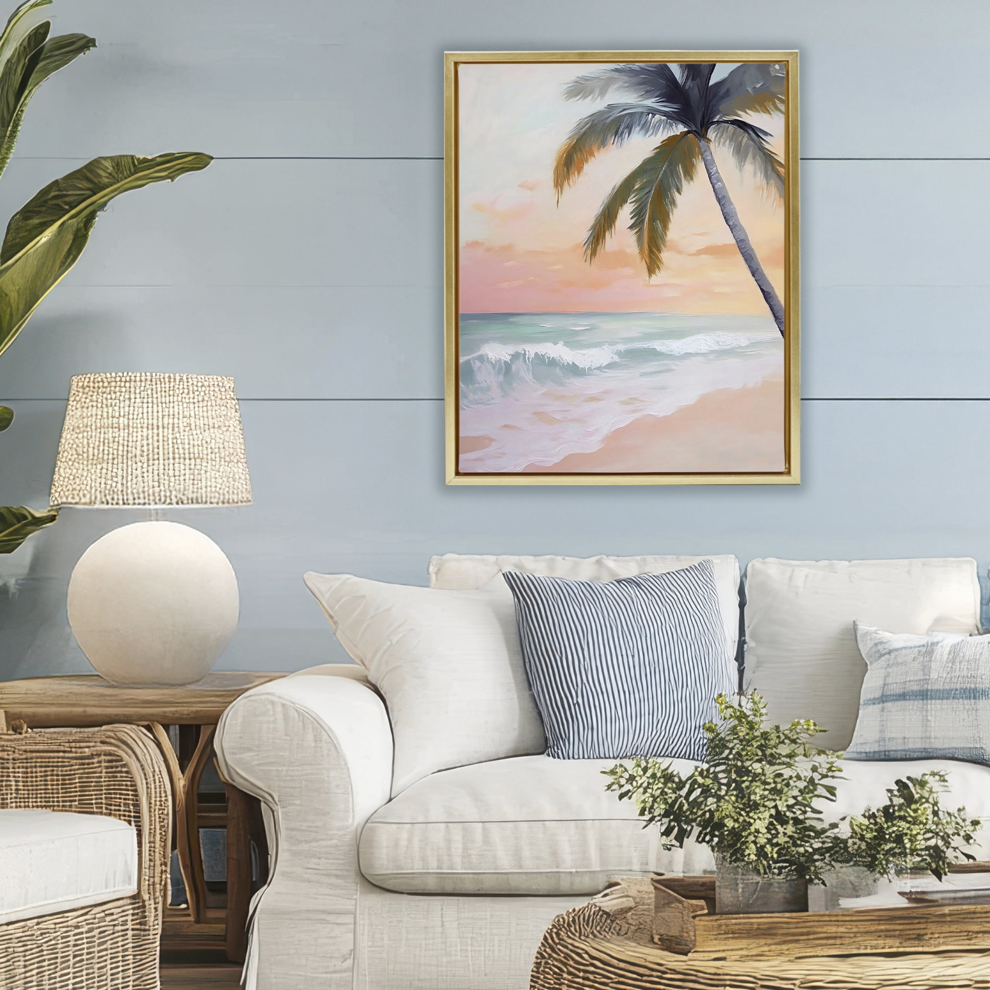 Stupell Industries Tranquil Sunset & Beach Palm Gold Framed Floater Canvas Wall Art, design by Creative Studio