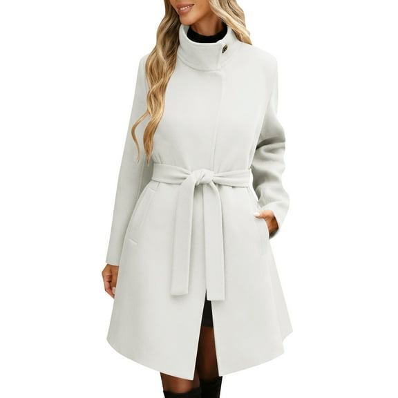 Womens Winter Coat 2026 Fall Casual Notch Lapel Bandage Lining Pocket Breasted Jacket Elegant Coats with Pockets (XL, White)