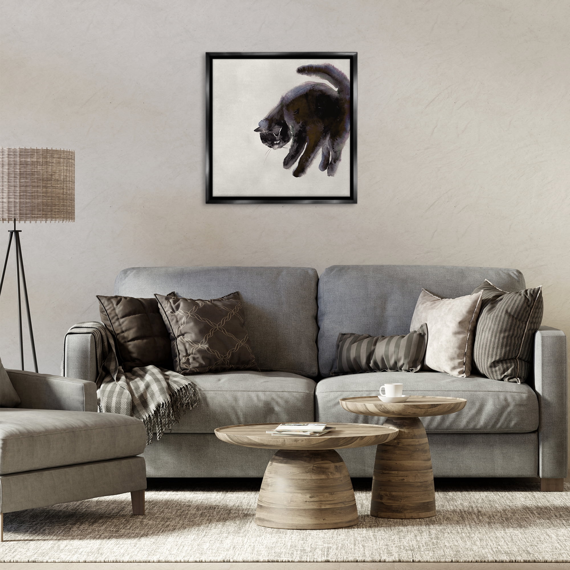 Stupell Industries Simple Cat Watercolor Animals Painting Black Floater Framed Canvas Art Print Wall Art, 25 x 25