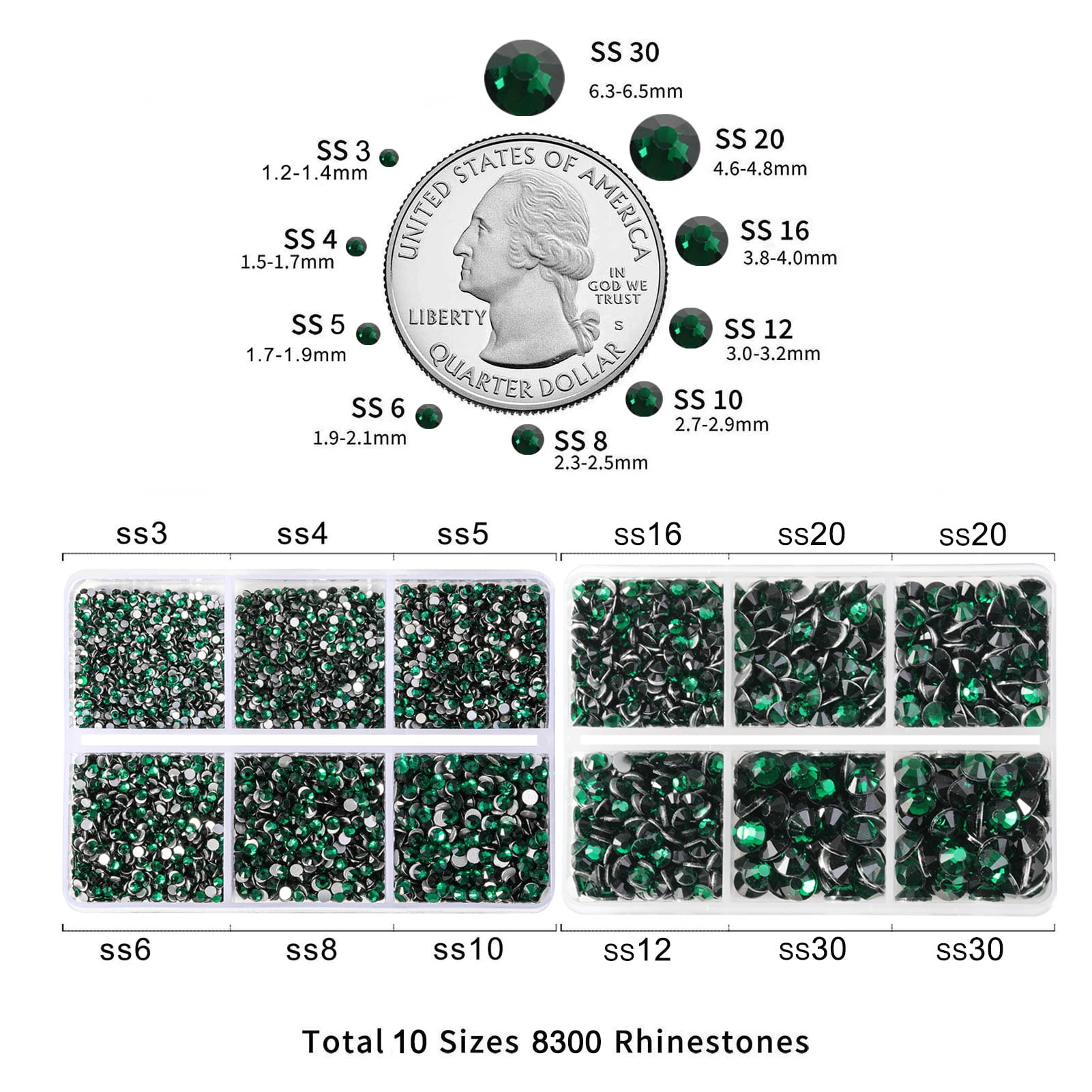 Beadsland 8300PCS Flatback Rhinestones 10 Sizes with Wax Pencil and Tweezer Kit, SS3-SS30, Emerald