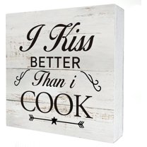 Zomyto 5x5 IN Funny Kitchen I Kiss Better Than I Cook Wooden Box Sign Desk Decor Rustic Cooking Wood Block Plaque