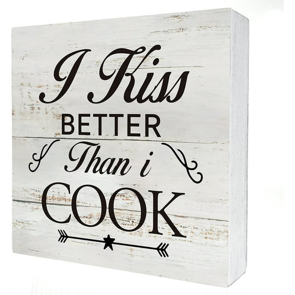 Zomyto 5x5 IN Funny Kitchen I Kiss Better Than I Cook Wooden Box Sign Desk Decor Rustic Cooking Wood Block Plaque