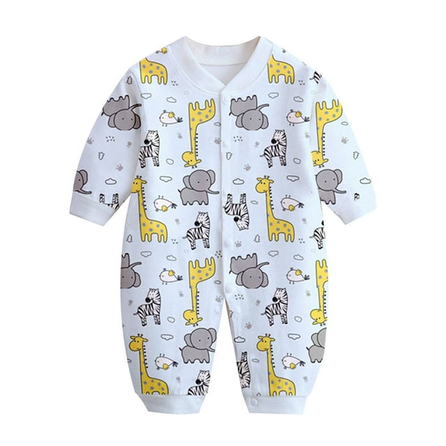 Pisexur Baby Boys Girls Cotton Rompers V Neck Long Sleeve Infant Clothes Cute Print Button Down Toddler Romper Jumpsuits Unisex Newborn Outfit Overalls 0-12 Months