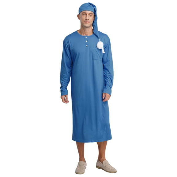 Hansber Men's 2Pcs Sleepwear Long Sleeve Night Dress Sleep Robe Nightshirt with Pom-pom Sleeping Cap Pajamas Set Royal Blue M