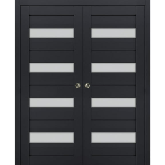 Sliding French Double Pocket Doors with Frosted Glass | Veregio 7455 Antracite | Kit Trims Rail Hardware | Solid Wood Interior Bedroom Sturdy Doors-36" x 84" (2* 18x84)