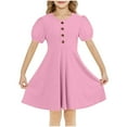thumbnail image 2 of BRGZLK Girls Summer Dresses Trendy Solid Color Round Neck Puff Sleeve A-Line Dress Casual Comfortable Holiday Midi Dress Pink 14-15 Years, 2 of 7