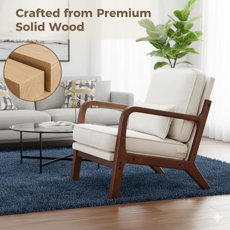 Simple Deluxe Accent Chair with Arms and Waist Pillow, Mid Century Modern Lounge Chair with Solid Wood Frame for Living Room, Bedroom, Cream