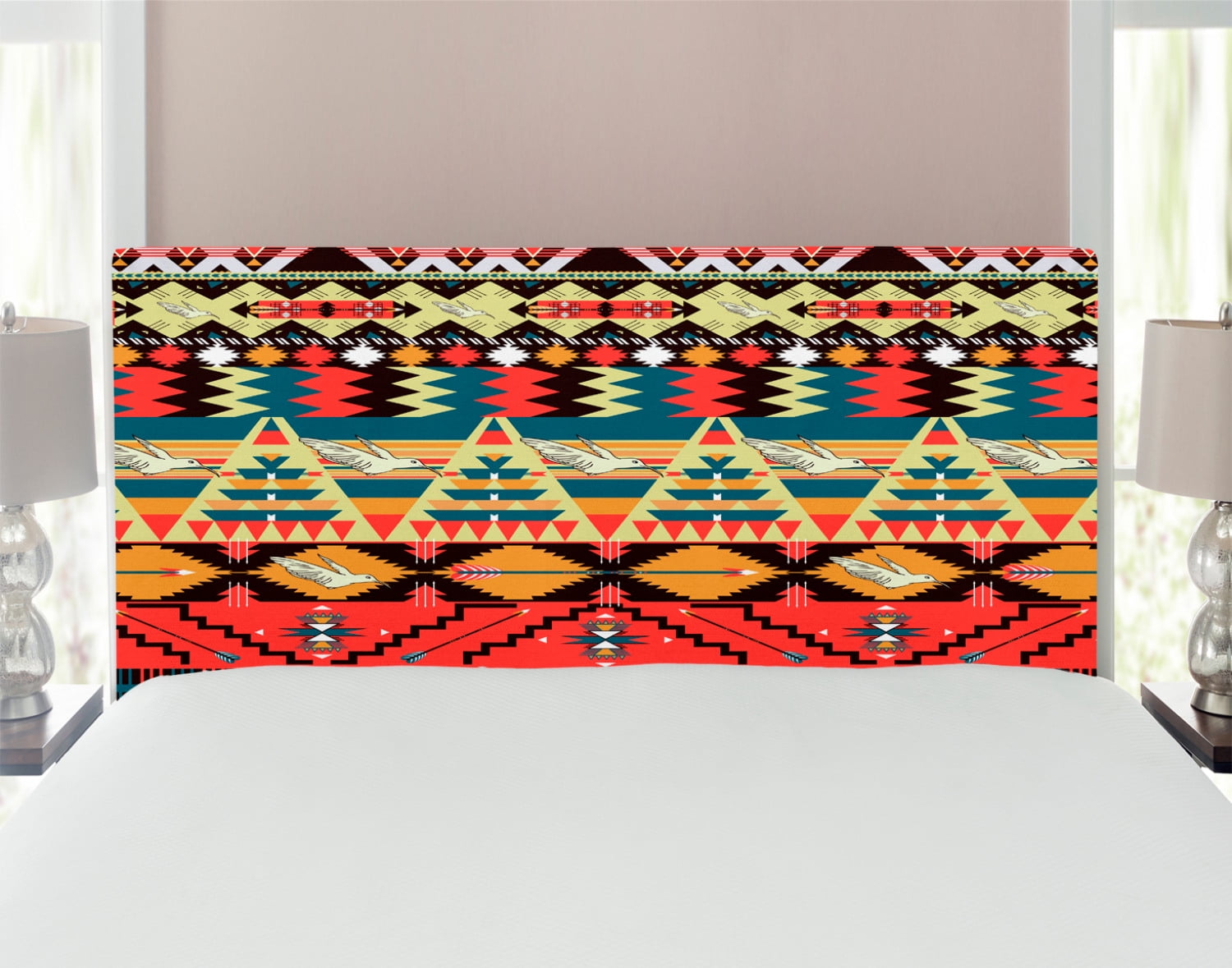 Ethnic Headboard, Classic Traditional Pattern Image Bird Flower Arrow Natural Ethnic