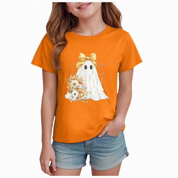 CAICJ98 Halloween Shirts for Toddler Boys Girls Short Sleeve Boo Shirt Pumpkin T Shirts Cute Retro Tee Tops Halloween Tshirts Kids (Orange,3-4 Years)