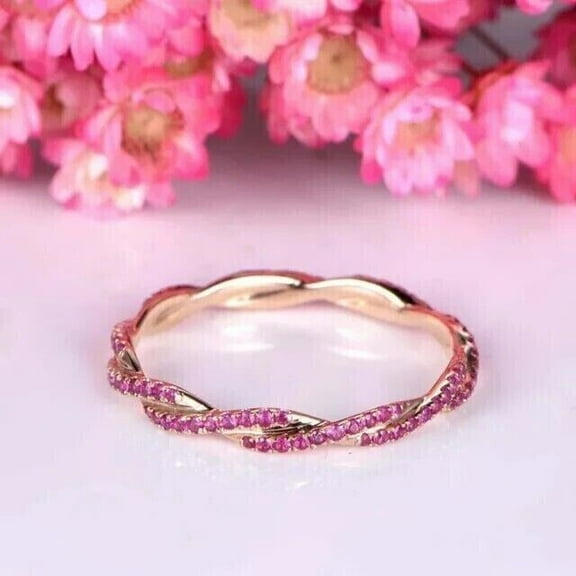 Women's Round Pink Sapphire Wedding Twisted Eternity Band Ring 14k Yellow Gold Plated Silver