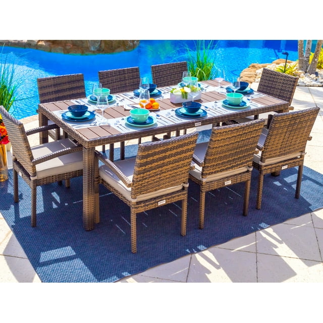 Sorrento 9-Piece Resin Wicker Outdoor Patio Furniture Rectangular Dining Table Set in Brown w/ Dining Table and Eight Cushioned Chairs (Flat-Weave Brown Wicker, Polyester Light Gray)