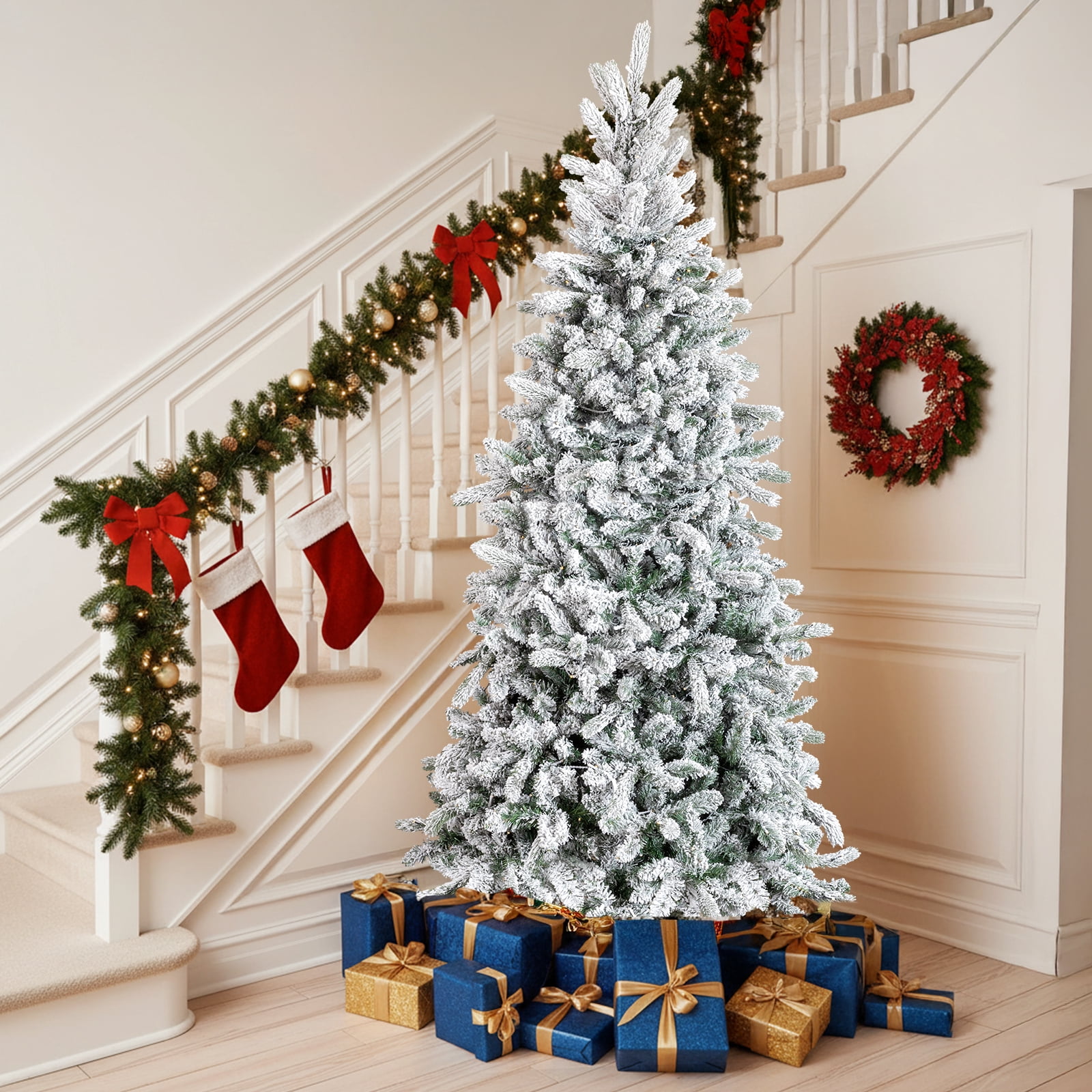 Astoutdoor 7 ft Snow Flocked Pre-Lit Artificial Pencil Christmas Tree with 1100 Branch Tips and 400 Lights, Snowy Green