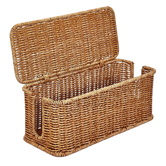 Desktop Cable Management Box, Wicker Style Storage for Power Cords and Chargers, Handwoven Rattan Look Organizer
