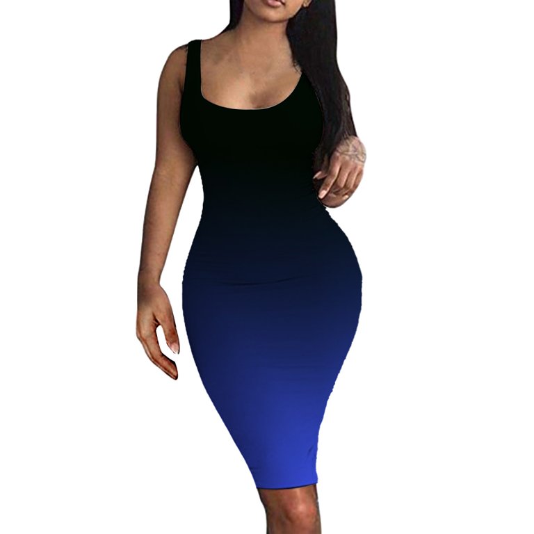 Usmixi Summer Dresses for Women Night Club Sexy Basic Bodycon Tank Knee-Length  Dresses Sleeveless Round Neck Gradient Print Midi Sun Dress Dark Blue L -  Walmart.com