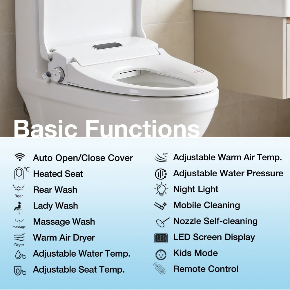 Elongated Smart Bidet Seat with Radar Open/Close, Heated Seat & Water, Night Light, Remote