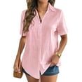 thumbnail image 2 of Women'S Cotton Button Shirt Rolled Hem Short Sleeve Shirt Women'S Summer Casual V Neck Beach Cotton Top Pink XXL, 2 of 8