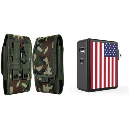 

Holster and Wall Charger Bundle for Samsung Galaxy A13 5G: Vertical Rugged Nylon Belt Pouch Case (Green Camo) and 45W Dual USB Port PD Type-C and USB-A Power Adapter (American USA Flag)